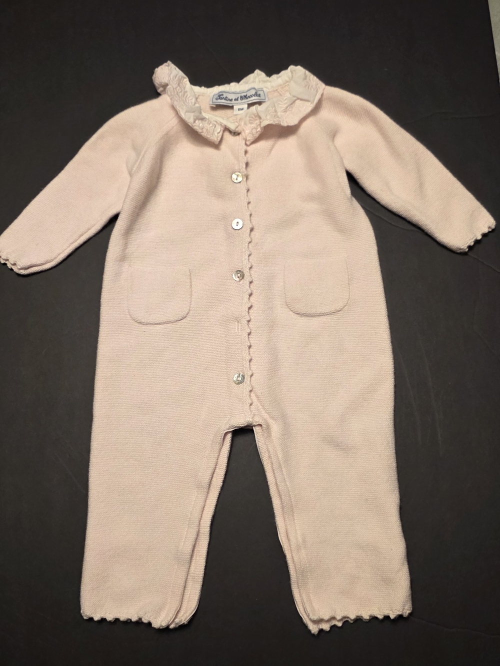 Tartine et Chocolat Pale Pink Knit One-Piece with Ruffle Collar Size 6M